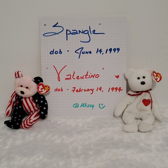 2 Ty Beanie Babies SPANGLE and VALENTINO Bears with tags Patriotic and Love - Picture 2 of 7
